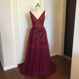 Beading Prom Dresses 2020 V neck Pink High Split Tulle Sweep Train Sleeveless Evening Gown A-line Lace Up Backless Vestido De