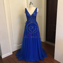 Load image into Gallery viewer, Beading Prom Dresses 2020 V neck Pink High Split Tulle Sweep Train Sleeveless Evening Gown A-line Lace Up Backless Vestido De
