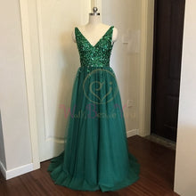Load image into Gallery viewer, Beading Prom Dresses 2020 V neck Pink High Split Tulle Sweep Train Sleeveless Evening Gown A-line Lace Up Backless Vestido De
