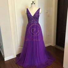 Load image into Gallery viewer, Beading Prom Dresses 2020 V neck Pink High Split Tulle Sweep Train Sleeveless Evening Gown A-line Lace Up Backless Vestido De
