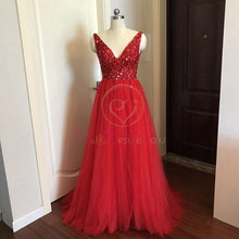 Load image into Gallery viewer, Beading Prom Dresses 2020 V neck Pink High Split Tulle Sweep Train Sleeveless Evening Gown A-line Lace Up Backless Vestido De
