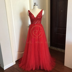 Beading Prom Dresses 2020 V neck Pink High Split Tulle Sweep Train Sleeveless Evening Gown A-line Lace Up Backless Vestido De