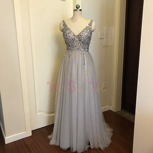Beading Prom Dresses 2020 V neck Pink High Split Tulle Sweep Train Sleeveless Evening Gown A-line Lace Up Backless Vestido De