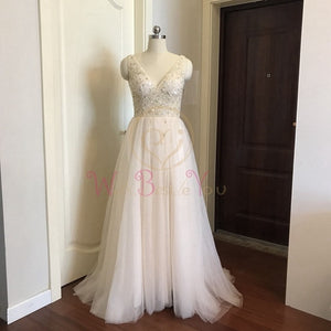 Beading Prom Dresses 2020 V neck Pink High Split Tulle Sweep Train Sleeveless Evening Gown A-line Lace Up Backless Vestido De