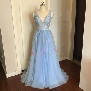 Beading Prom Dresses 2020 V neck Pink High Split Tulle Sweep Train Sleeveless Evening Gown A-line Lace Up Backless Vestido De
