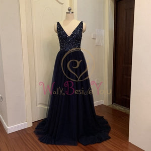 Beading Prom Dresses 2020 V neck Pink High Split Tulle Sweep Train Sleeveless Evening Gown A-line Lace Up Backless Vestido De